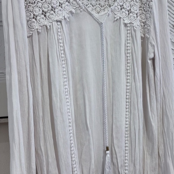 New Direction Women's SZ LWhite Long Sleeve Boho Peasant Top Lace Front Tie - Picture 4 of 10